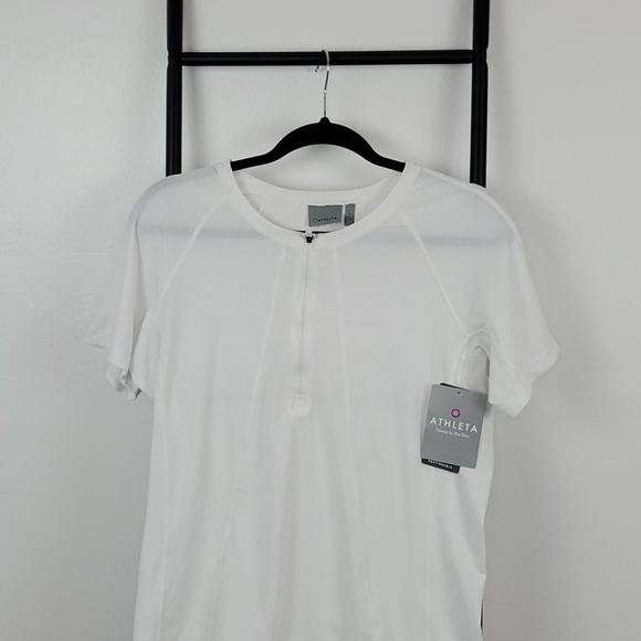 Athleta white UPF Unstinkable t-shirt 3/4 zipper short sleeve women size L New - Picture 2 of 12